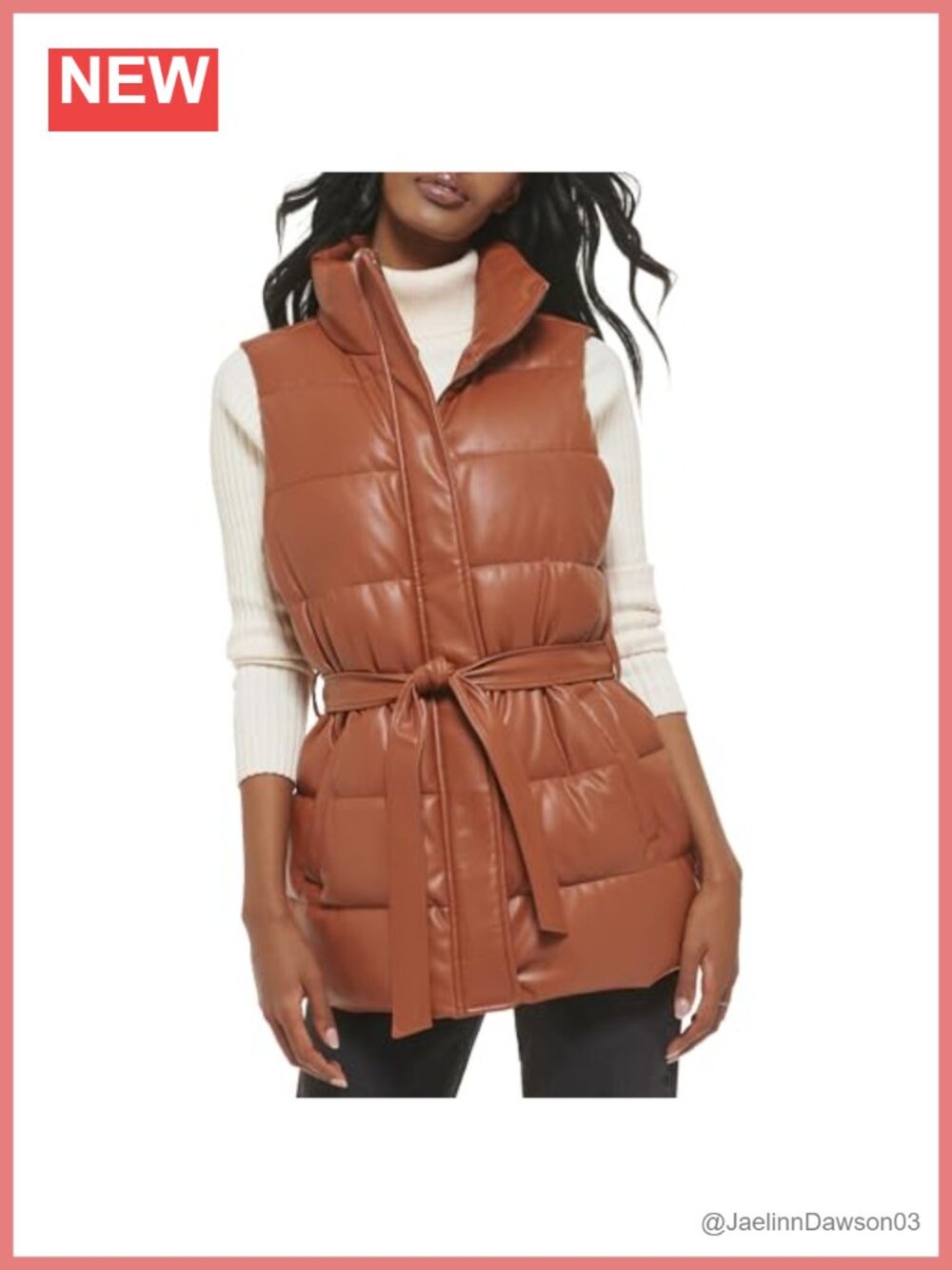 Vegan Leather Puffer Vest Quilted Sleeveless Outerwear with Belt